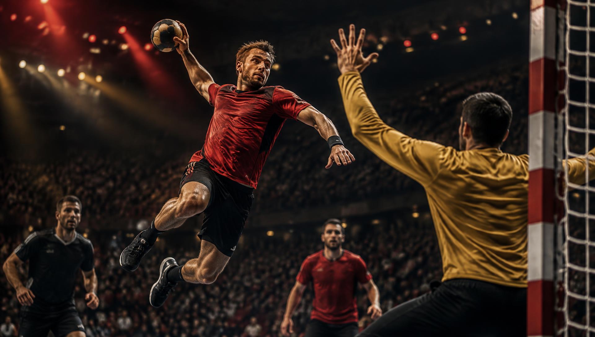 Handballspieler im Sprungwurf vor vollen Rängen